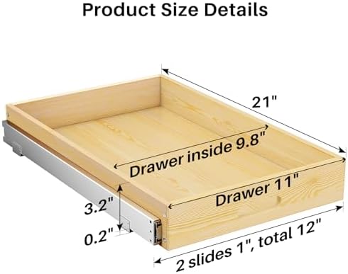 Pull Out Cabinet Organizer, Soft Close Wooden Slide Out Drawers for Pots and Pans, Full-extension Roll Out Shelves for Kitchen Cabinets, Pantry Organization, Bottom & Side Mount(12"W X 21"D x 3.4''H) - Image 2