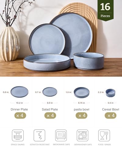 Famiware Annecy 16-Piece Dinnerware Set with Pasta Bowls, Reactive Blue - Image 2