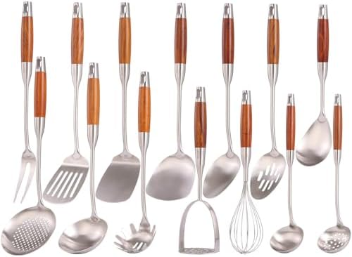 15” Metal Kitchen Utensils Set with RooseWood Handle - 18/10 Stainless Steel Cooking Utensils, 14 PCS Large & Small Spoons Set - Whisk, Masher, Fork, Spatula, Turner, Ladle, Skimmer, Pasta by Standcn