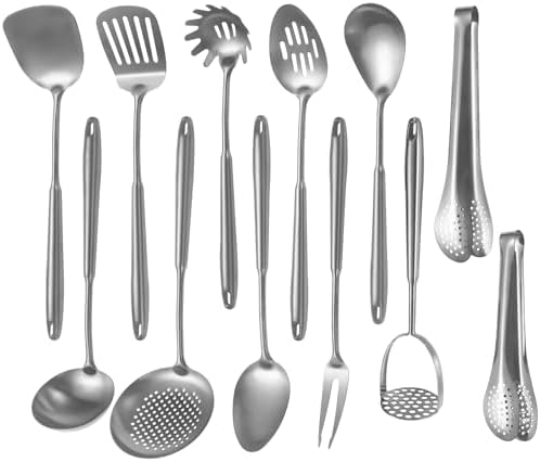 304 Stainlss Steel Kitchen Utensils Set, 12 Pcs Long Metal Cooking Utensil Gadgets Tools Set with Spatula, Ladle, Spoon, Ladle, Skimmer, Tunner, Pasta Server, Tongs(Silver, Dishwasher Safe) by Lazycorner