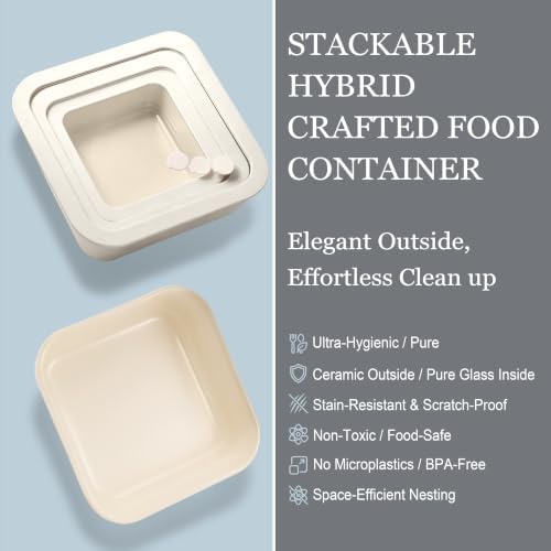 Urban Green Ceramic Coated Glass Food Storage Containers with Airtight Glass Lids, Small Round Meal Prep Container Set for Snacks, Sauces, 8oz and 15oz, Cream color - Image 5