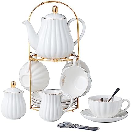 CLAY TONIC- 8 OZ Porcelain White Coffee/Teacup and Saucer Set with Holder by CLAY+TONIC