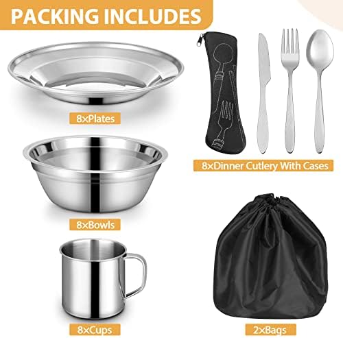 58 Pcs Camping Plates Cups and Bowls Set, Stainless Steel Dishes Mess Kit Utensils Tableware with Spoons Forks Knives Storage Bags for 8 Person Outdoor Camping Backpacking Hiking Travel Picnic - Image 3