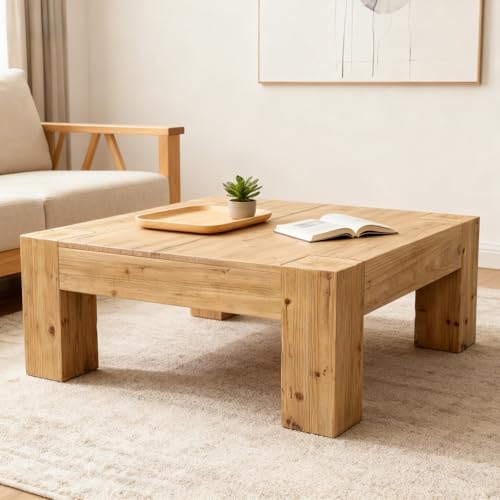 Rustic Wooden Coffee Table for Living Room, Big Square Coffee Table - Image 3