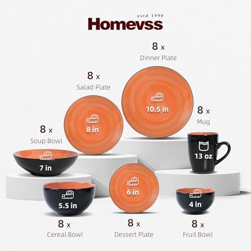 HomeVss, Stoneware Sonoma Dinnerware Set, Black + Speckled Spin Wash (56pc Set, Orange) - Image 2
