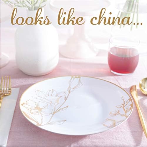 [9'' Plates 40 Count] White Plastic Floral Design Party Dinner Plates With Gold Rim Premium heavyweight Elegant Disposable Tableware Dishes - Image 4