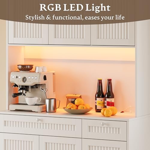 BORNOON Pantry Cabinet with Charging Station and Light, Tall Kitchen Pantry Storage Cabinet with Microwave Stand, Wide Fluted Kitchen Hutch with Storage Drawers and Adjustable Shelves for Dining Room - Image 5