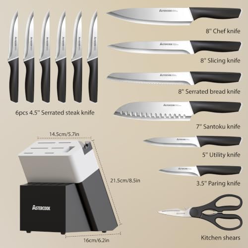 Astercook Knife Set, Kitchen Knives with Block and Sharpener 15 Pcs German Stainless Steel Sharp Blade Dishwasher Safe with Ergonomic Handle, Elegant Black - Image 4