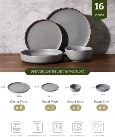 Famiware Mercury 16-Piece Dinnerware Set with Pasta Bowls, Dark Grey - Image 2