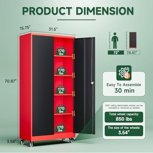 Letaya Metal Garage Storage Cabinets with Lock Door and Adjustable Shelves, Steel Tool Cabinets for Home,Office,Warehouse Organisieren (Black Red, 74.41" H) - Image 3