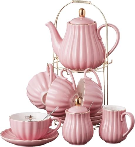 Jusalpha Fine China Pink Coffee Cup/Teacup Set, 7 OZ Cups& Saucer Service for 4, with Teapot-Sugar Bowl-Cream Pitcher Teaspoons and tea strainer for Tea/Coffee, 17-Pieces (TW Full set) by Jusalpha
