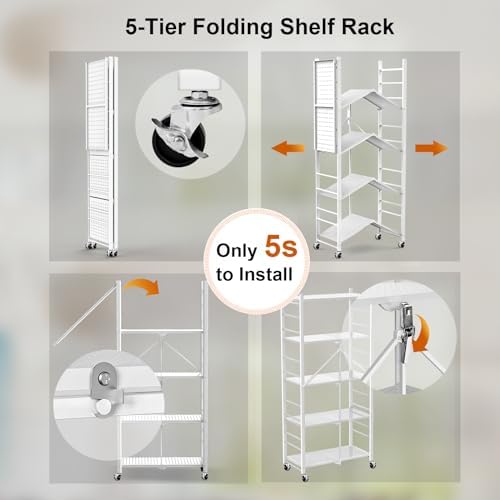 Himix 5-Tier Foldable Storage Shelves 20 Hooks Wheels White No Assembly - Image 4