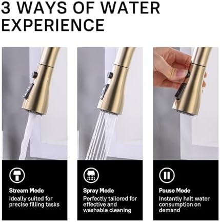 WEWE Pull-Down Kitchen Faucet, 3-Mode Sprayer, Gold, High Arc - Image 5