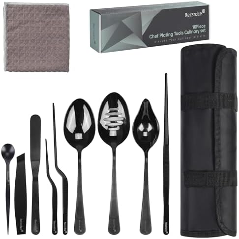 9-Piece Professional Culinary Plating Set, Black Stainless Steel Chef Plating Tools with Storage Roll & Cleaning Cloth for Food Presentation by Recsrdce