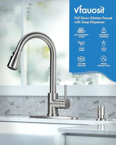 VFAUOSIT Kitchen Faucet with Pull Down Sprayer and Soap Dispenser - Image 2