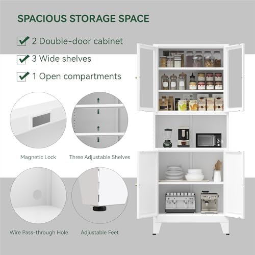 COFaR 69" Pantry Cabinet, Metal Storage Cabinet with 2 Glass Doors, White - Image 4