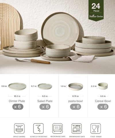 Famiware Stellar 24-Piece Dinnerware Set with Pasta Bowls, Matcha Green - Image 2