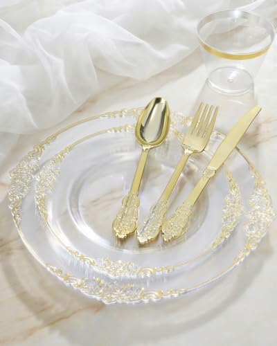 Goodluck 350 Piece Clear Gold Plastic Dinnerware Set for 50 Guests - Image 4