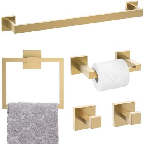 5-Piece Towel Bar Set Brushed Gold Bathroom Hardware Accessories Set Includes Upgraded Double Base Toilet Paper Holder,Modern Square Towel Holder Set Stainless Steel Wall Mount 23.6 Inch by TNOMS