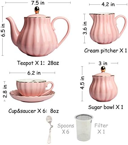 Sweejar Porcelain Tea Sets British Royal Series, 8 OZ Cups & Saucer Service for 6, with Teapot Sugar Bowl Cream Pitcher Teaspoons and Tea Strainer, Suitable for High Tea, Wedding, Party (Pink) - Image 3