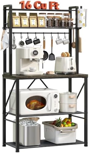 YASONIC Coffee Bar, Bakers Rack with Storage, 25.6 Inches Microwave Stand, 5 Tier Kitchen Shelves Appliance Storage, 12 S Hooks Large Coffee Station for Spices, Pots and Pans, Gray by YASONIC