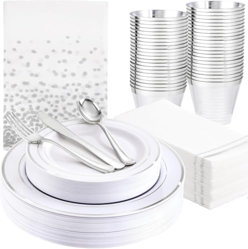 GATHER 176PCS Silver Plastic Plates for Wedding and Party by Gather