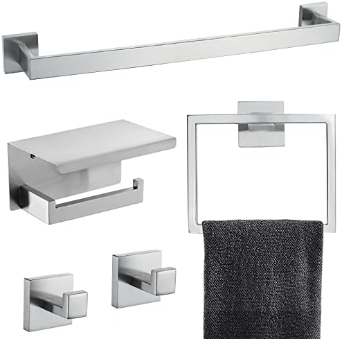 Brushed Nickel Bathroom Towel Bar Set Bathroom Accessories Hardware Set Including Towel Bar Towel Ring Coat Hook and Toilet Paper Holder with Shelf. Wall Mounted Stainless Steel by TNOMS