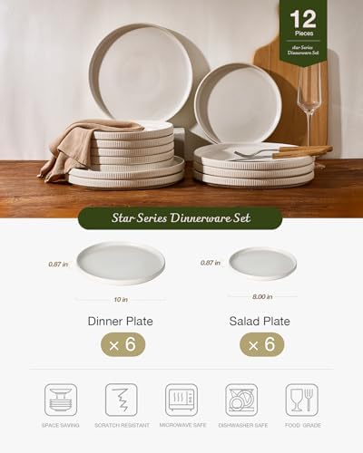 Famiware 12pc Ceramic Flat Plates, Scratch-Resistant Dinnerware Sets for 6 - Image 2