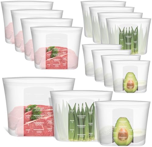 Reusable Storage Bags, Large-Size Set, 12 Pack 100% Silicone Food Storage Bags Stand Up Zip Lock Bags for Food, Freezer Microwave Oven Dishwasher Safe, 4 XL-0.8 Gallon + 4 L + 4 M, Translucent by Annaklin