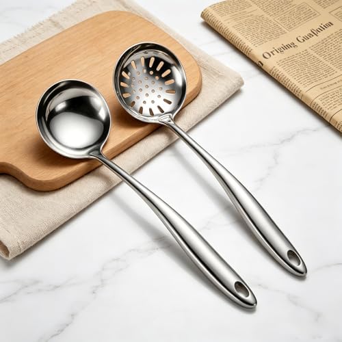 304 Wok Spoon Stainless Steel for 304 Stainless Steel Serving Utensilsr, 2 PCS Long Large Metal Cooking Utensil Tools Set with Slotted Spoon and Soup Ladle - Image 5