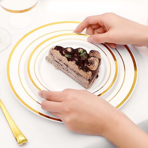 700-Piece Gold Rim Plastic Dinnerware Set for 100 Guests, Elegant Disposable Dinnerware for Party, Wedding. Includes Dinner Plates, Dessert Plates, Gold Silverware, Napkins, Cups - Image 5