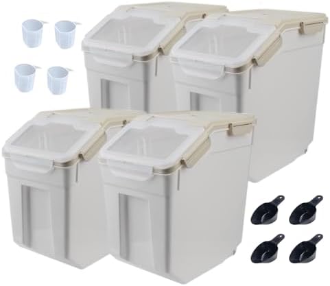 Large Flour Storage Container Bin 25lb, 4Pack Airtight Rice Storage Containers with Wheels Seal Locking Lid, BPA Free with Measuring Cup&Scoop for Flour, Rice, Grain(Gray) by Qiveno