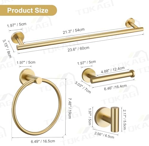 TQKAG 5 Piece Bathroom Accessories Set Brushed Gold Bathroom Hardware Set 23.6 Inch Bath Towel Bar Set SUS304 Stainless Steel Towel Rack Set - Image 6