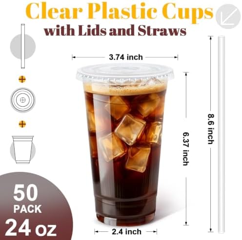 50 Pack 24oz Clear Plastic Iced Coffee Cups with Lids & Straws - Image 2