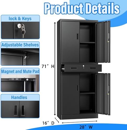 BESFUR Metal Storage Cabinet with 1 Drawer and Adjustable Shelves, 71" H Reinforced Heavy Duty Locking Storage Cabinet for Office, Garage, Home, School, Utility(Black) - Image 3