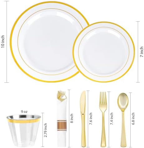 700 PCS Gold Plastic Dinnerware Set for 100 Guests, 200 DisposablePlates for Party, 100 Pre Rolled Napkins with Gold Silverware, 100 Cups - Image 2