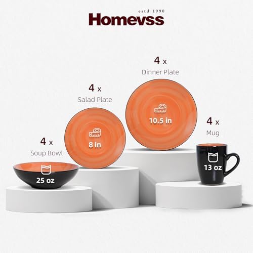 HomeVss, Stoneware Sonoma 16pc Dinnerware Set, Black + Speckled Spin Wash Orange - Image 2