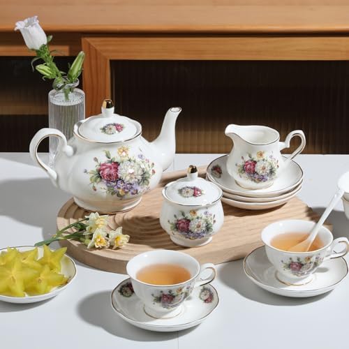Sweejar Porcelain Tea Set Vintage Floral, British Relief Gold Rim Teapot Cup and Saucer Sets, 22-Piece Tea Sets for Adults, with Teapot, Sugar Bowl, Milk Jug, Spoons, Cup and Saucer (Flower Style) - Image 5