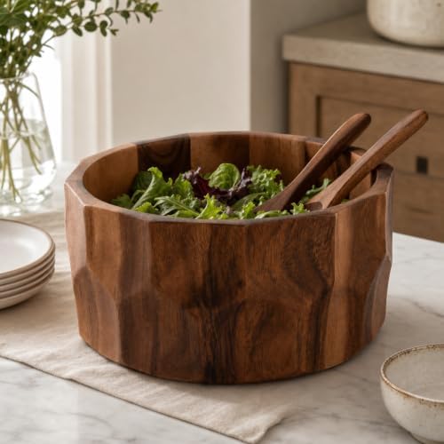 Arthur Court Large Diamond Pattern Acacia Wood Salad Serving Bowl - Modern Centerpiece for Fruits or Salads - 12" Diameter 6" Tall - Image 3