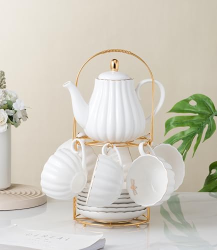 CLAY TONIC- 8 OZ Porcelain White Coffee/Teacup and Saucer Set with Holder - Image 3