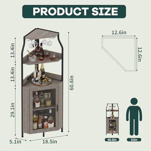 Garvee Corner Wine Bar Cabinet,5-Tier Farmhouse Corner Liquor Storage Cabinet with Barn Door,Glass Rack,Adjustable Shelves,Home Bar Storage for Dining Room,Kitchen,Living Room Grey - Image 2