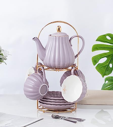 CLAY TONIC-8 OZ Porcelain Purple Coffee/Teacup and Saucer Set with Holder - Image 2