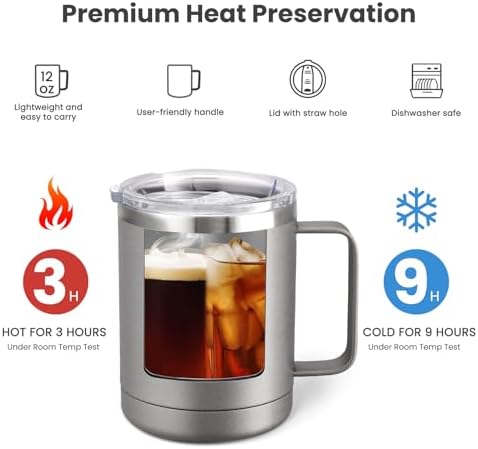MEWAY 12oz Coffee Mug With Handle 2 Pack Bulk,Stainless Steel Insulated Travel Tumblers With Sliding Lid,Double Wall Vacuum Camping Cup for Hot & Cold Drinks Tea (Cold Grey,Set of 2) - Image 3
