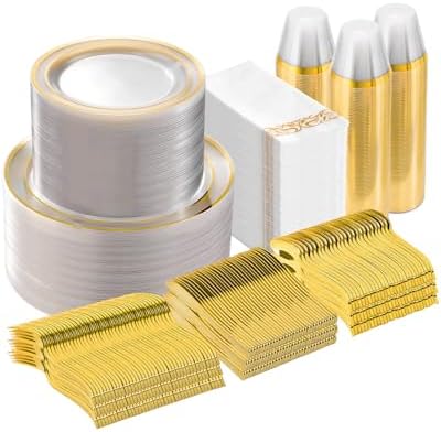 Goodluck 700 Pieces Clear Gold Disposable Dinnerware Set for 100 Guests by GoodLuck