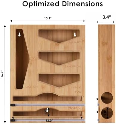 Bamboo Food Bag Organizer with Foil and Plastic Wrap Organizer, Kitchen Drawer Organizer, Wrap Dispenser with Cutter, for Gallon, Quart, Sandwich, Snack Bags and 12" Roll (Natural Bamboo) - Image 5