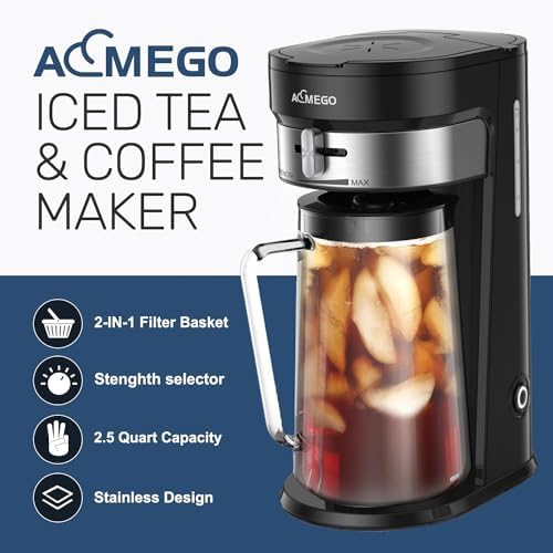 AEMEGO Iced Tea Maker, Brewing System with 2.5-quart Glass Pitcher, sliding strength selector, Stainless Steel Decoration, Reusable Filter (Black) - Image 2