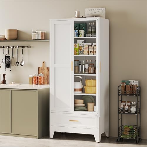 YAUWOH 71''Tall Kitchen Pantry Cabinet with Drawer,5-Tiers Metal Pantry Storage Cabinet with 4 Adjustable Shelves and 2 Barn Doors, Freestanding Farmhouse Food Cupboard for Dining Room (1PC,White) - Image 2