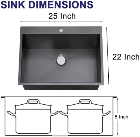 VAPSINT 25 x 22 Inch Black Drop In Kitchen Sink, 25 Inch Top Mount 16 Gauge Extra-Thick Stainless Steel Single Bowl Deep Small Kitchen Sink, RV Laundry Utility Sinks with Basket Strainer - Image 3