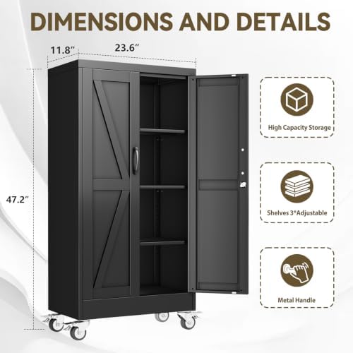 Metal Storage Cabinets with Wheels, Steel Tool Cabinets Lock Door and 3 Adjustable Shelves for Home Office, Garage, Kitchen (Black, 47.2" H) - Image 2