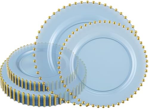 PLASTICPRO 64 Piece Combo Plastic Dinner Plates Disposable Plastic Fancy Heavy Duty Party Dishes 7 inch and 10 inch, Translucent Blue and Gold Beaded by PLASTICPRO